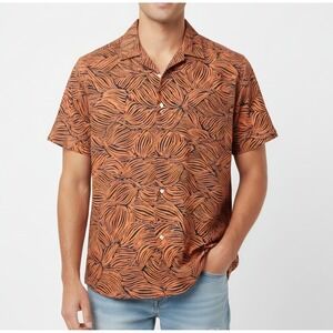 J. Crew Mens Large Short Sleeve Button Up Shirt‎ Orange Black Leaf Print Cotton